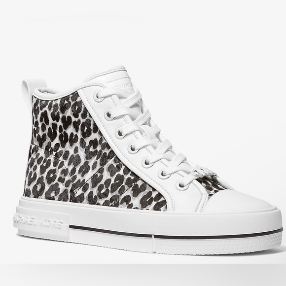 Michael Kors White and Animal Print High-Top Sneakers